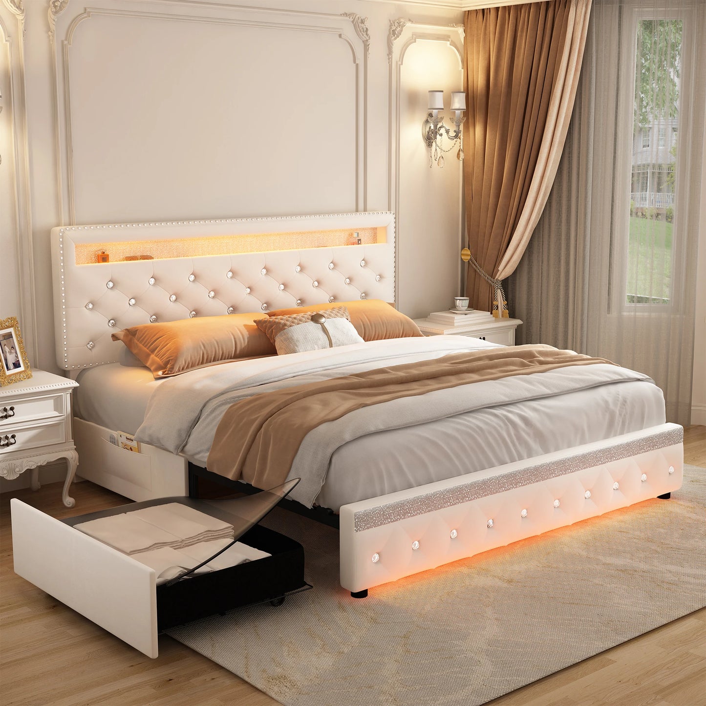 Full Size LED Bed Frame with 2 Drawers, Heavy Duty, Adjustable Crystal Tufted Headboard, No Box Spring, Velvet, Cream/Grey