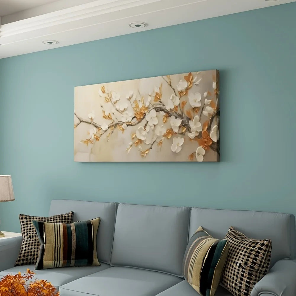 Large modern pine frame plum blossom canvas wall art - 1.5 "thick abstract flower painting with gold accents