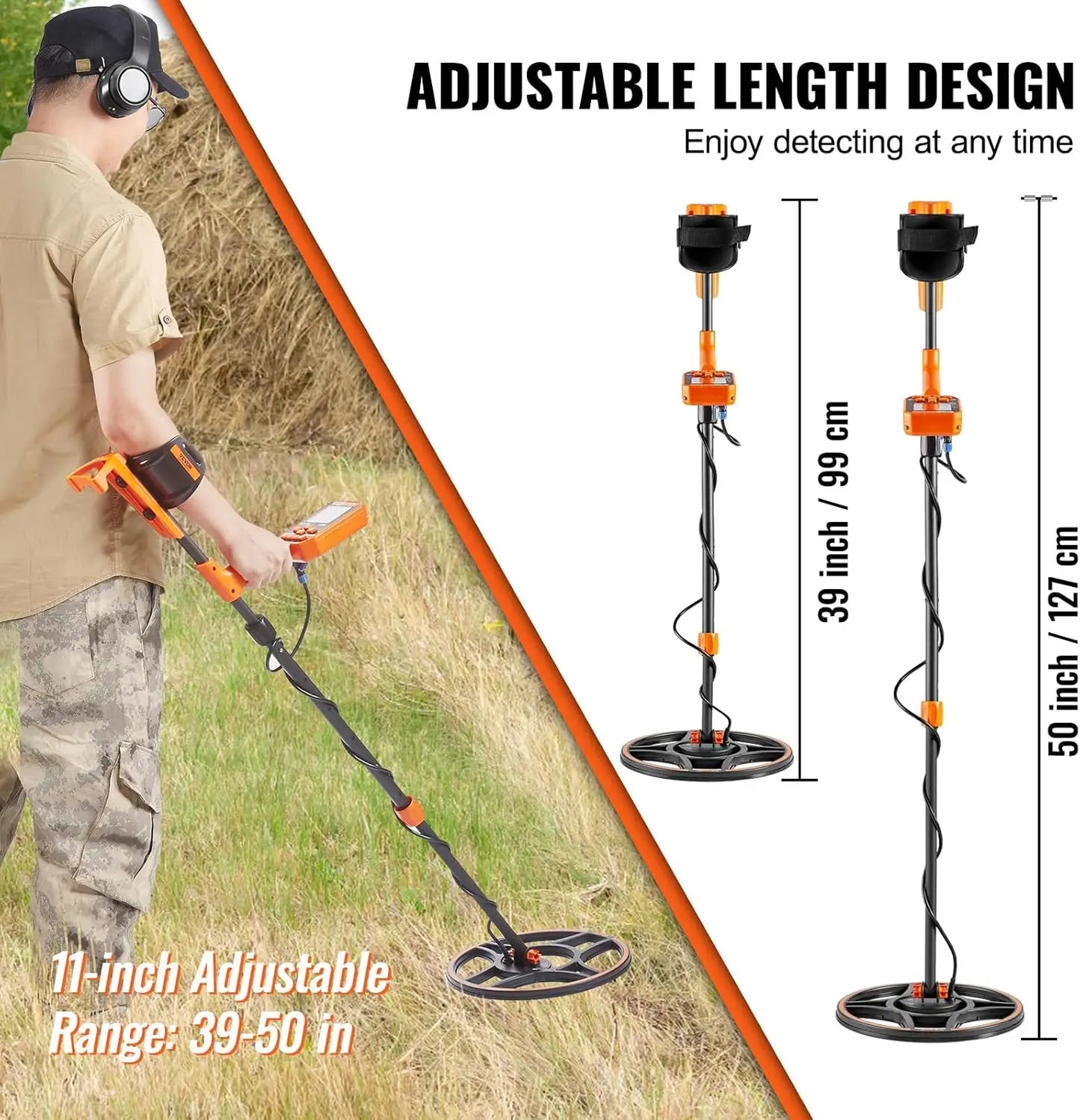 Waterproof Metal Detector, 12" Coil, Professional Rechargeable Gold Detector, 39-50 in Adjustable