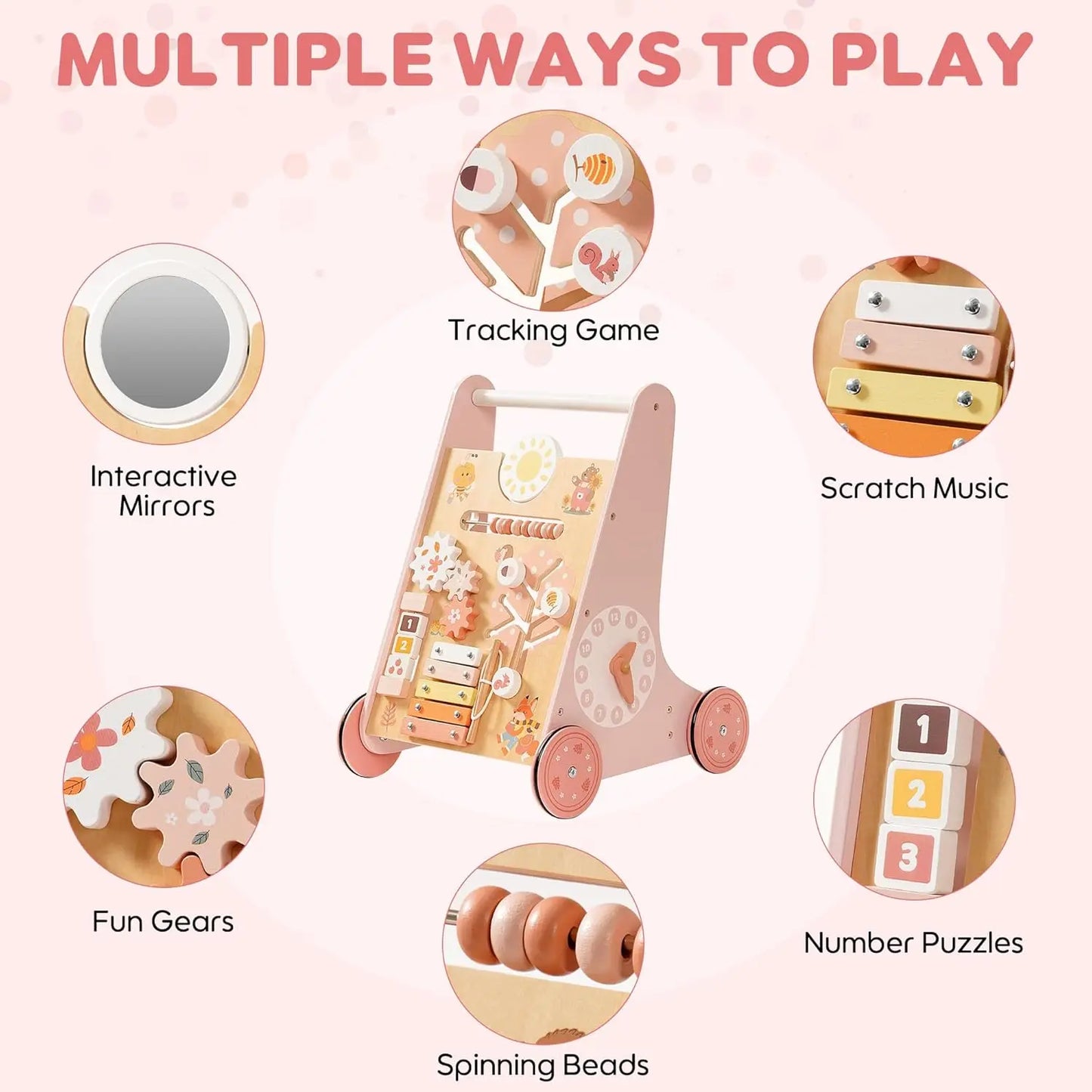 Robotime Robud Wooden Baby Walker Baby Push Walker with Activity Center and Storage Montessori Walker Toy for Boys Girls Pink