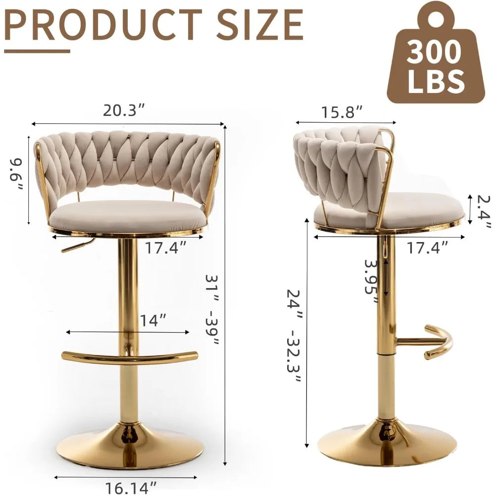 Gold Bar Stools Set of 4, Velvet Swivel Barstools with Woven Backrest, Adjustable Bar Chairs for Kitchen Island, Dining Room