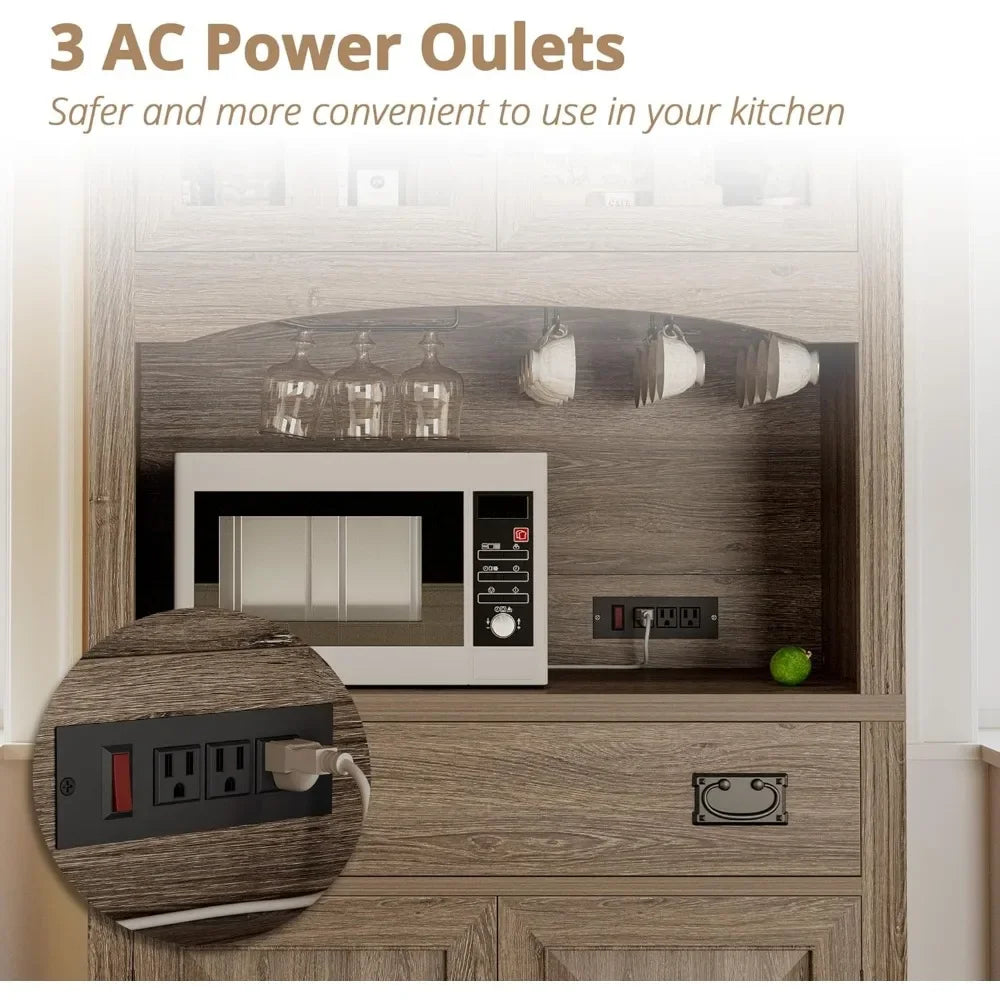 Kitchen Pantry with Power Outlets, Farmhouse Storage Cabinet, Coffee Bar with Glass Doors and Glasses Holder, Large Drawer