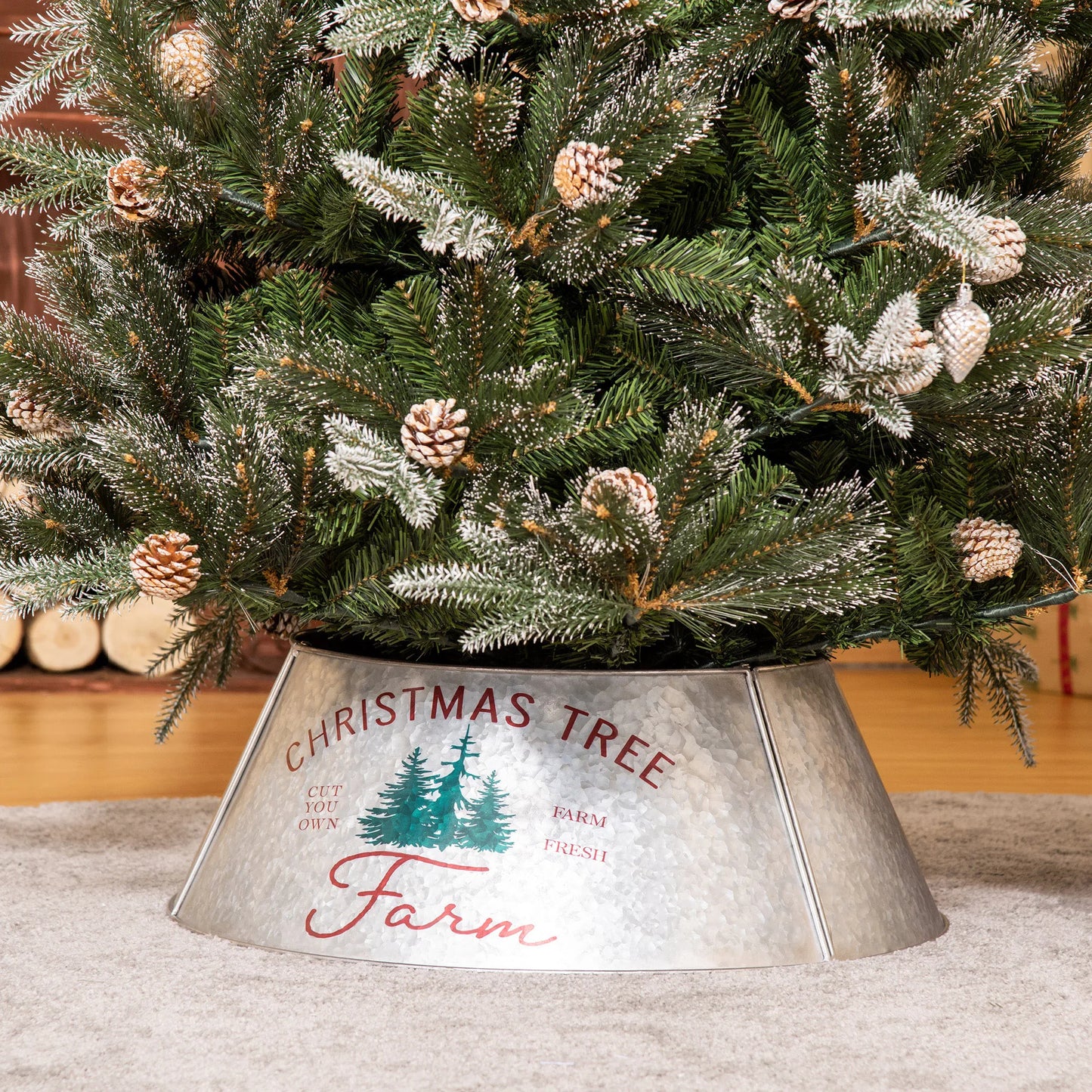 Christmas Tree Collar Steel Tree Ring Skirt Decor W/ Print, 26" Base, Silver