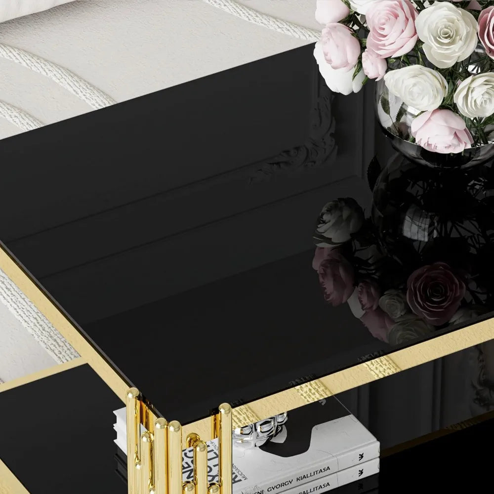 Luxury Rectangular Tempered Glass Coffee Table with Gold Stainless Steel Legs for Modern Living Rooms