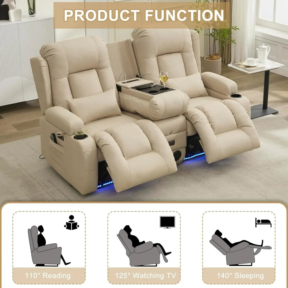 Power Loveseat Recliner Sofa with Vibrating Massage and Heat, Home Theater Seating RV Couch with Flipped Backrest Console, LED L