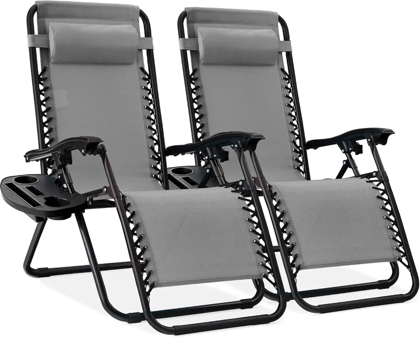 Set of 2 Adjustable Steel Mesh Zero Gravity Lounge Chair Recliners w/Pillows and Cup Holder Trays - Tan Striped