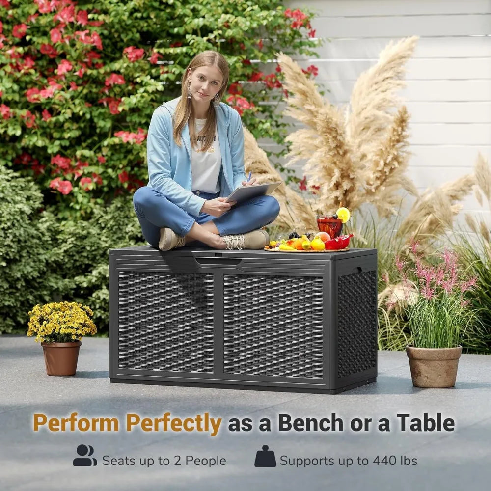 100 Gallon Outdoor Storage Box, Lockable Outdoor Storage Bench with 2 Smooth Wheels, Faux Rattan Surface, Waterproof Resin Deck