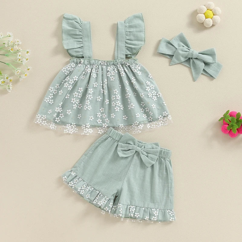 Baby Girl Floral Print Mesh Fly Sleeve Top and Shorts Set with Bow Detail and Matching Headband - 3 Piece Summer Outfit