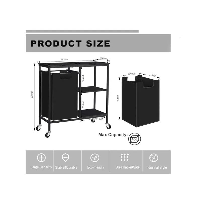 Pull-Out Laundry Basket with Shelf and three Shelf,Laundry Basket Organizer Section with Removable Laundry Bags for clothes