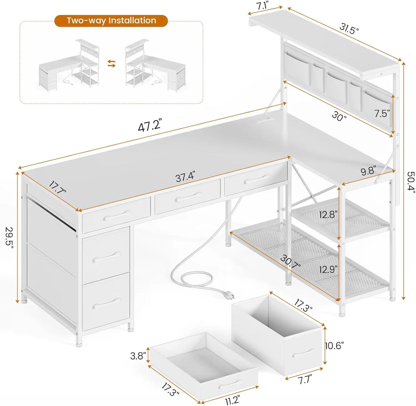 Corner Computer Desk, Reversible L Shaped Computer Desk with Fabric Drawers and Power Outlet, 47.2” Gaming Desk