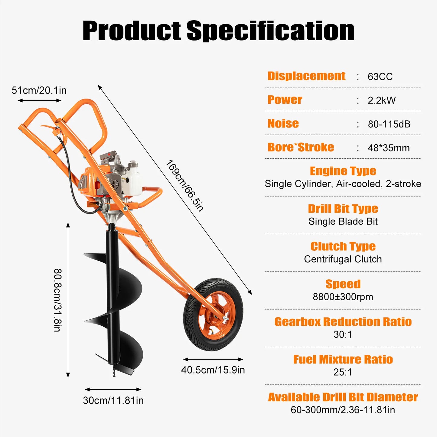 2-Stroke 63CC Post Hole Digger with Earth Auger Drill, 3HP Gas Powered Earth Auger Borer Ground Drill