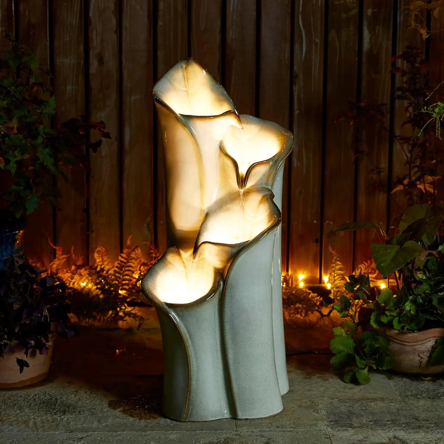 31.25 "H Outdoor Fountain with LED Lights and Water Pump, 4-storey Ceramic Floor Fountain, Waterfall Courtyard Vase Fountain