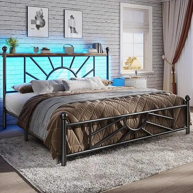 Metal Queen Bed Frame with Headboard and Footboard, Queen Size Bed Frame with LED Light, Mattress Foundation with Under Bed Stor