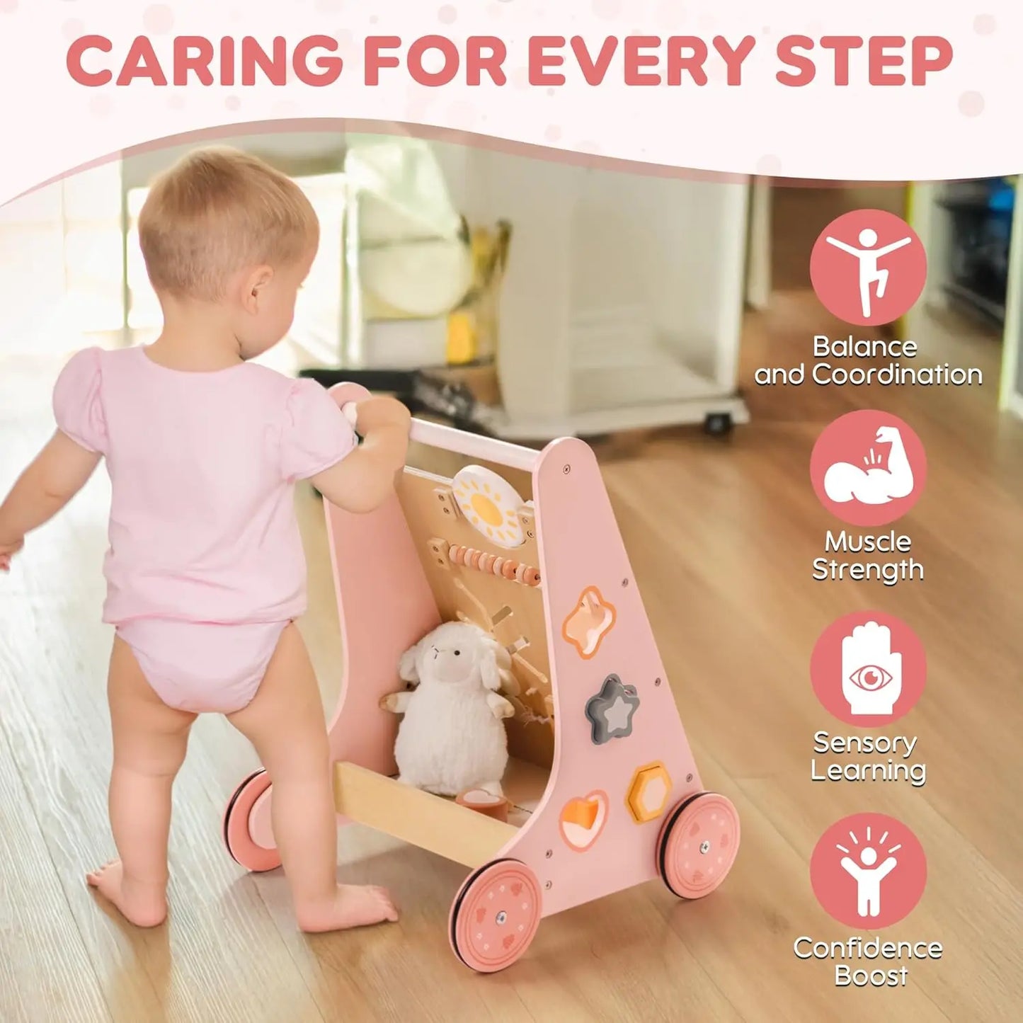 Robotime Robud Wooden Baby Walker Baby Push Walker with Activity Center and Storage Montessori Walker Toy for Boys Girls Pink