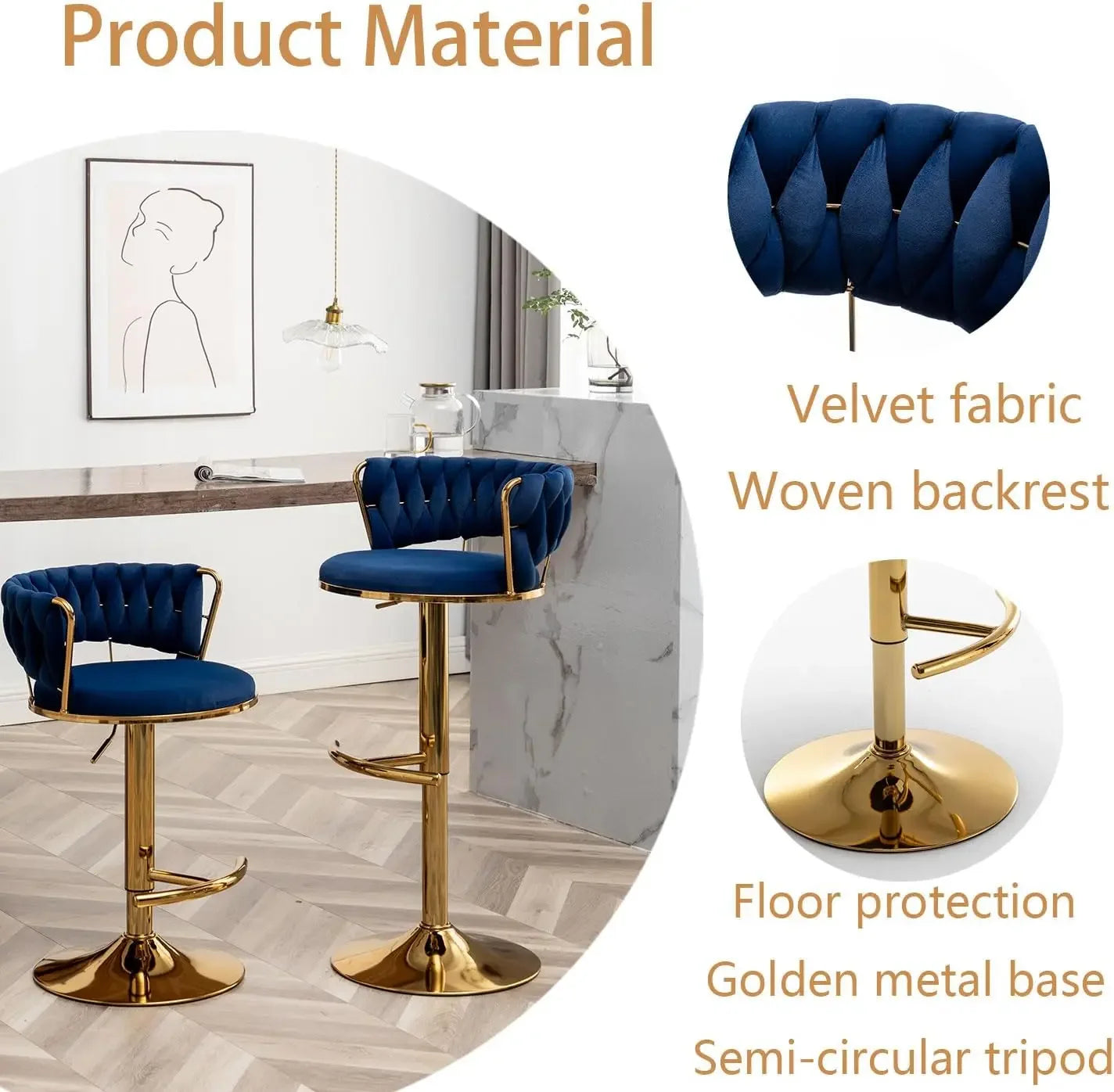 TOP-notch Velvet Bar Stools Set of 3, Counter Height Barstools with Low Back, Gold Swivel Bar Stool for Kitchen Island, Pub (Blu