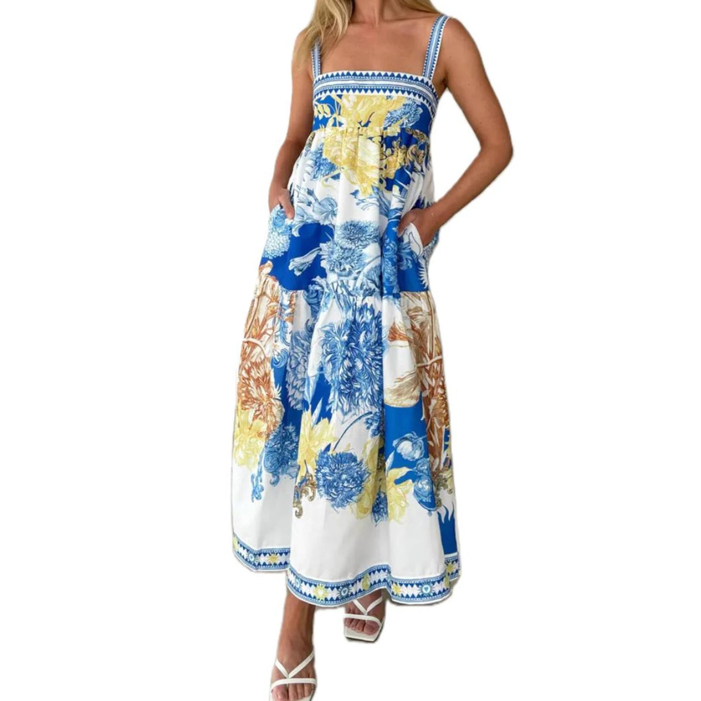 Women s Boho Maxi Dress Floral Print Sleeveless V-Neck Backless Tie-Dye Beach Dress Summer Casual Long Dress Fashion