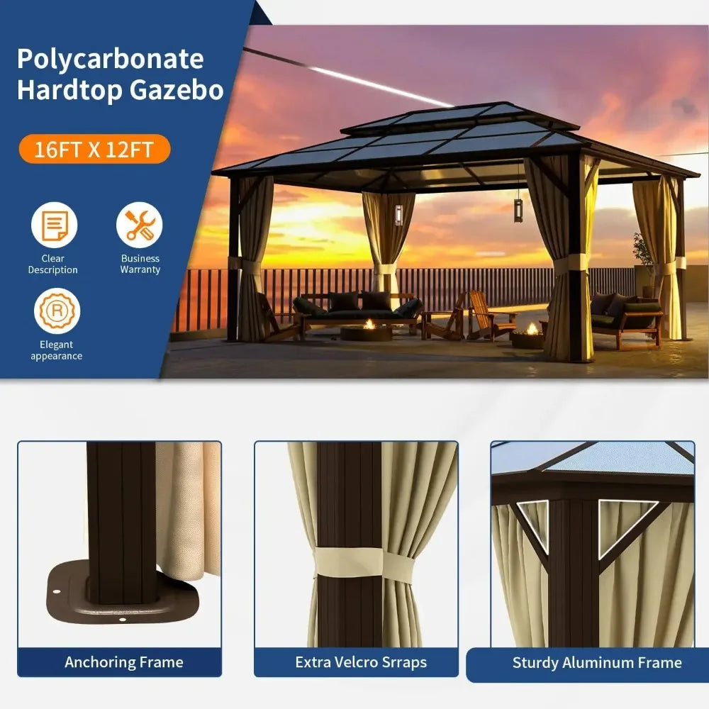 Gazebo, 12'x16' Hardtop Outdoor Polycarbonate Double Roof Canopy, Aluminum Frame Permanent Pavilion, Lawns, Gazebo