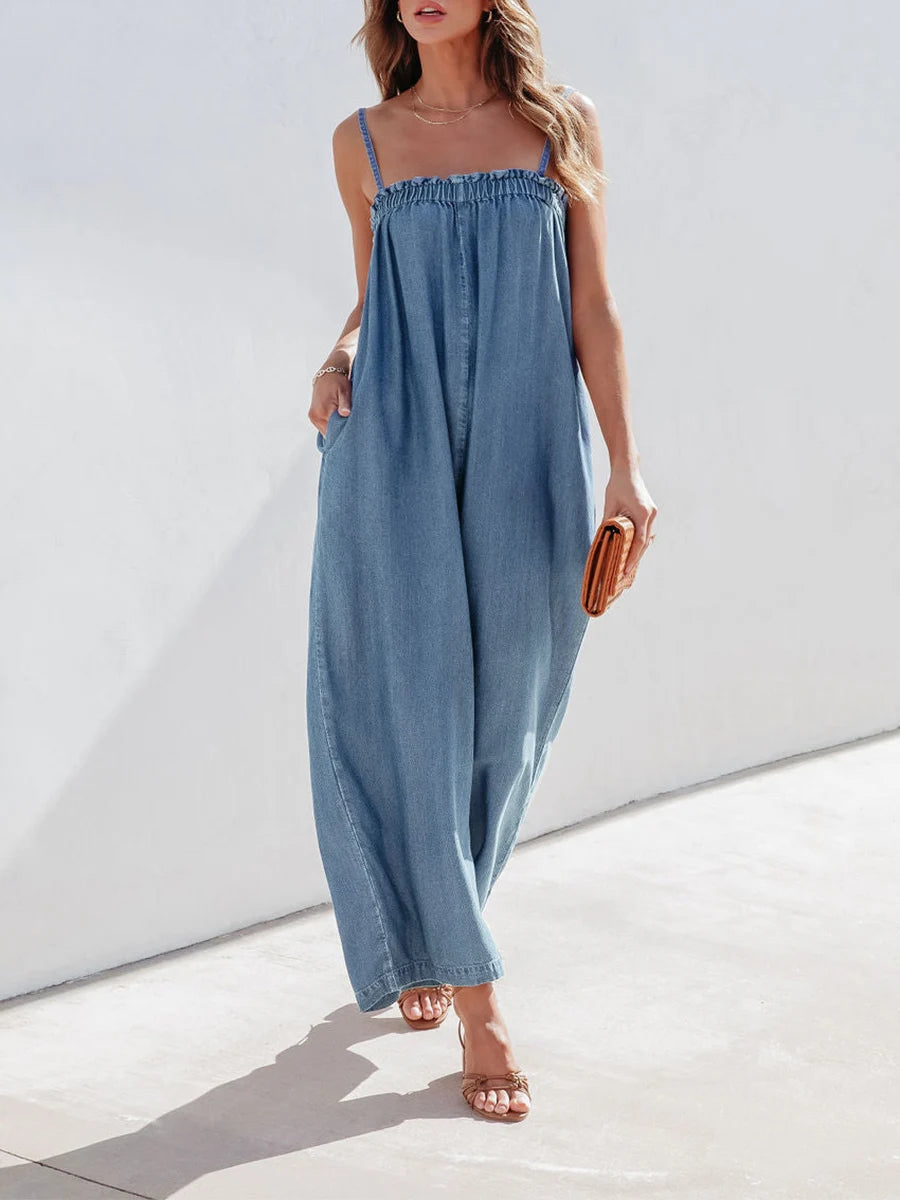 Women’s Denim Long Jumpsuit Casual Spaghetti Strap Solid Color Wide Leg Romper Pants