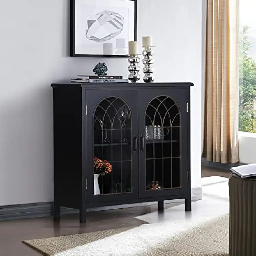 Sideboard Buffet Cabinet Accent Storage Cabinet with Metal Church Window Door for Kitchen Dining Room Entryway, Dark Grey