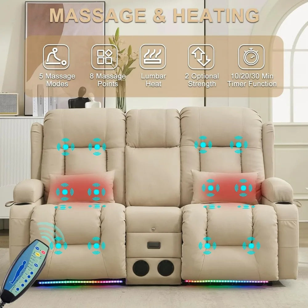Power Loveseat Recliner Sofa with Vibrating Massage and Heat, Home Theater Seating RV Couch with Flipped Backrest Console, LED L