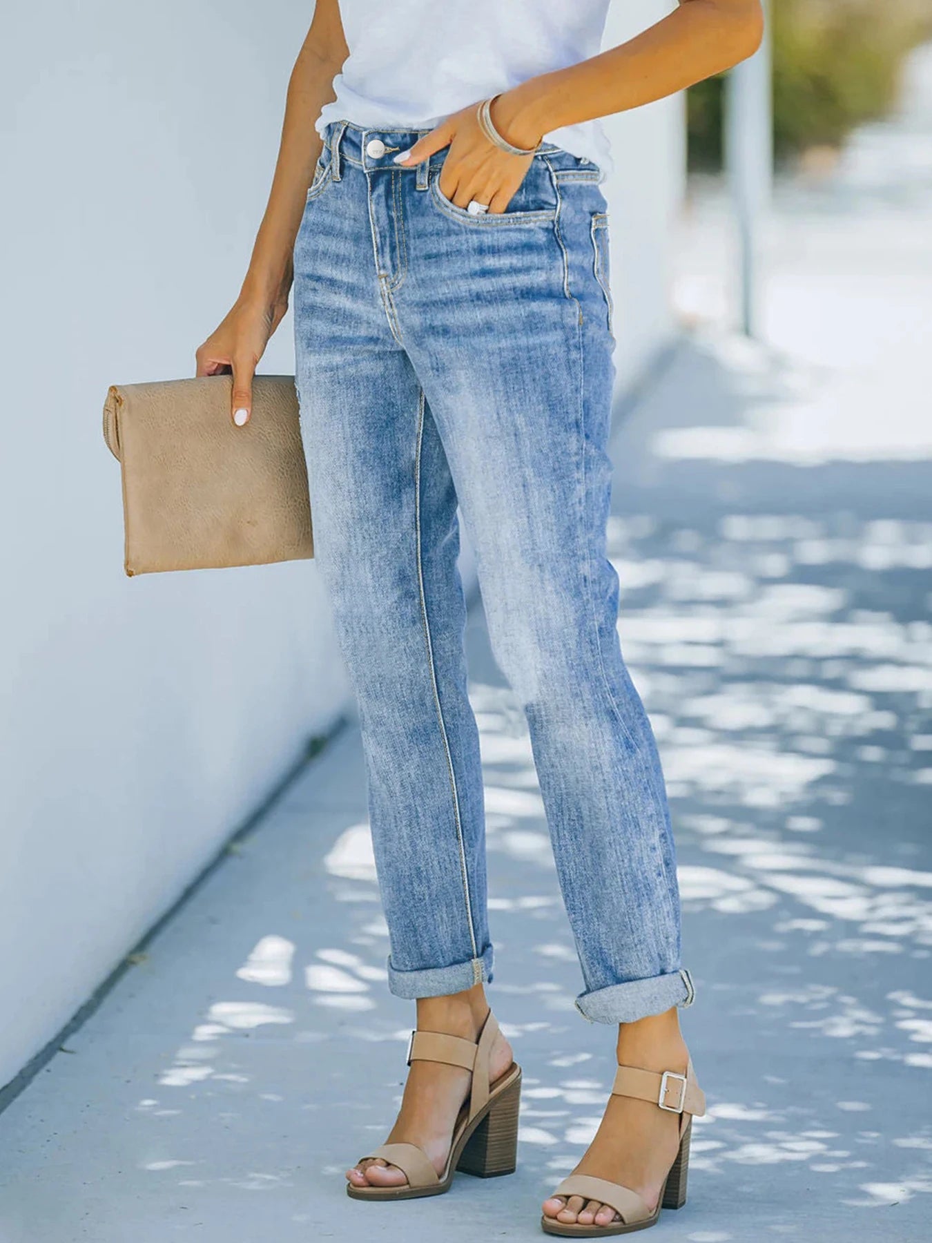 2025 New Women's Mid-Waist Elastic Straight Jeans Functional Bag Street Style Machine Washable Casual Clothing