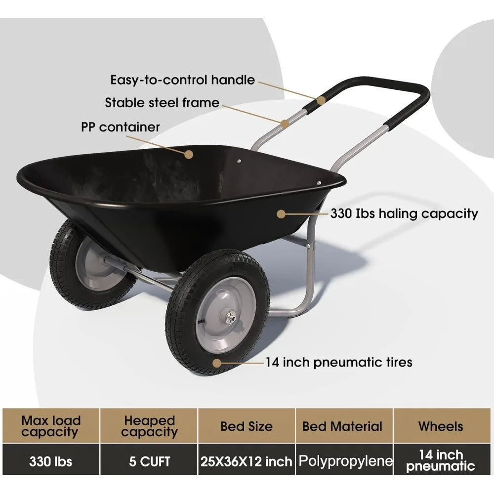 Enlarged 2-Wheel Wheelbarrow, Easy Loading and Dumping Garden Cart, Heavy Duty Utility Dump Cart for Outdoor Lawn Yard Farm Ran
