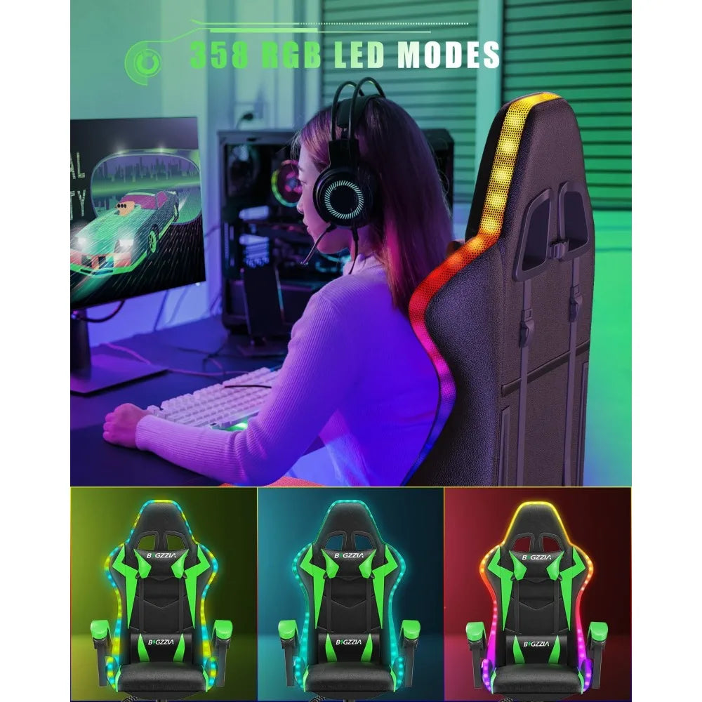 Gaming Chair with RGB LED Lights, High Back Ergonomic Computer Gamer Chair with Headrest and Lumbar Support, Racing Style Recli