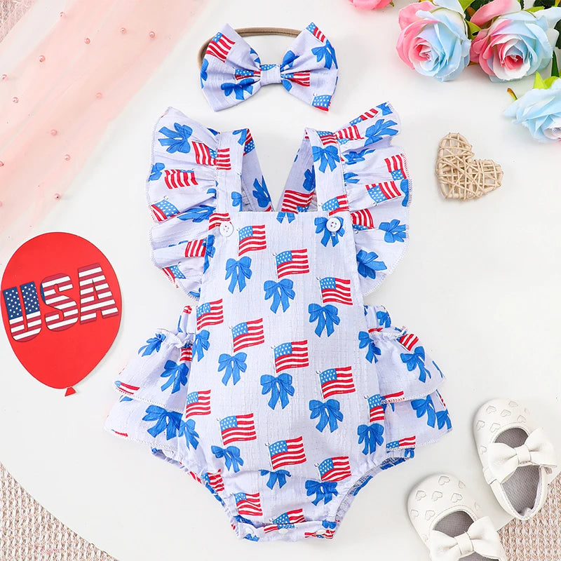 Adorable Toddler Girls American Flag Romper with Bow Detail and Matching Headband Set for Summer Outfits and Photoshoots