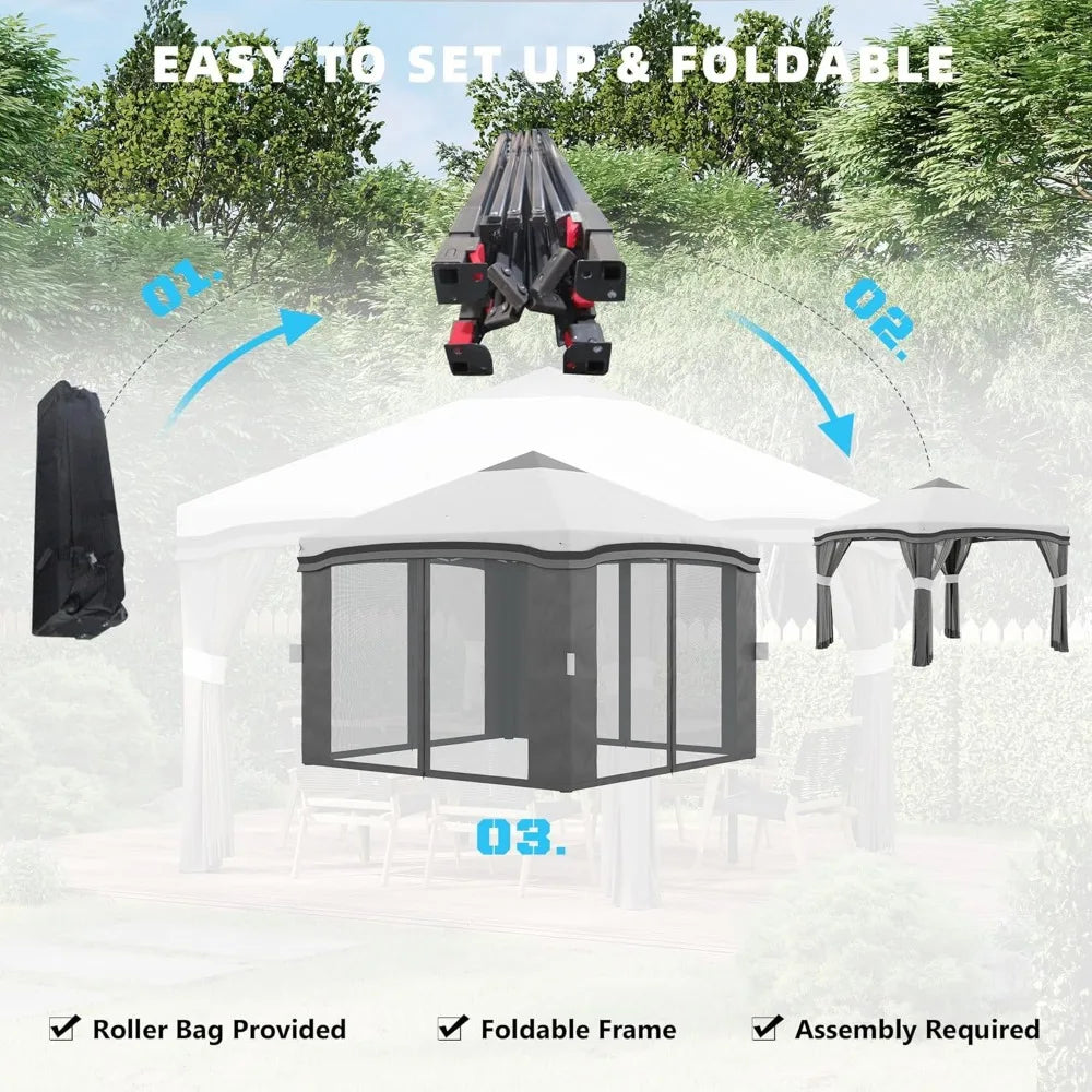 10' x 10' Pop Up Canopy Tent with Netting, Instant Tents for Parties, Height Adjustable, with Wheeled Carry Bag and 4 Sand Bags