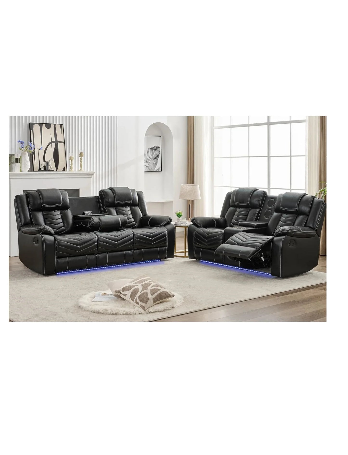 2-Piece Manual Recliner Sofa Set w/ Wireless Charger, Bass Speakers, LED Lights,Faux Leather Reclining Couch for Living Room