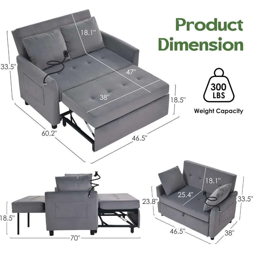 Sleeper Sofa Bed, 3 in 1 Convertible Sleeper Couch Bed Pull Out, Small Loveseat Sleeper Sofa, Futon Sofa Bed Full Size, 46" Velv