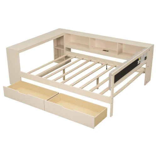 Wood Full Size Platform Bed with Storage Shelves, Drawers, Charging Station and Upholstered Headboard, Cream