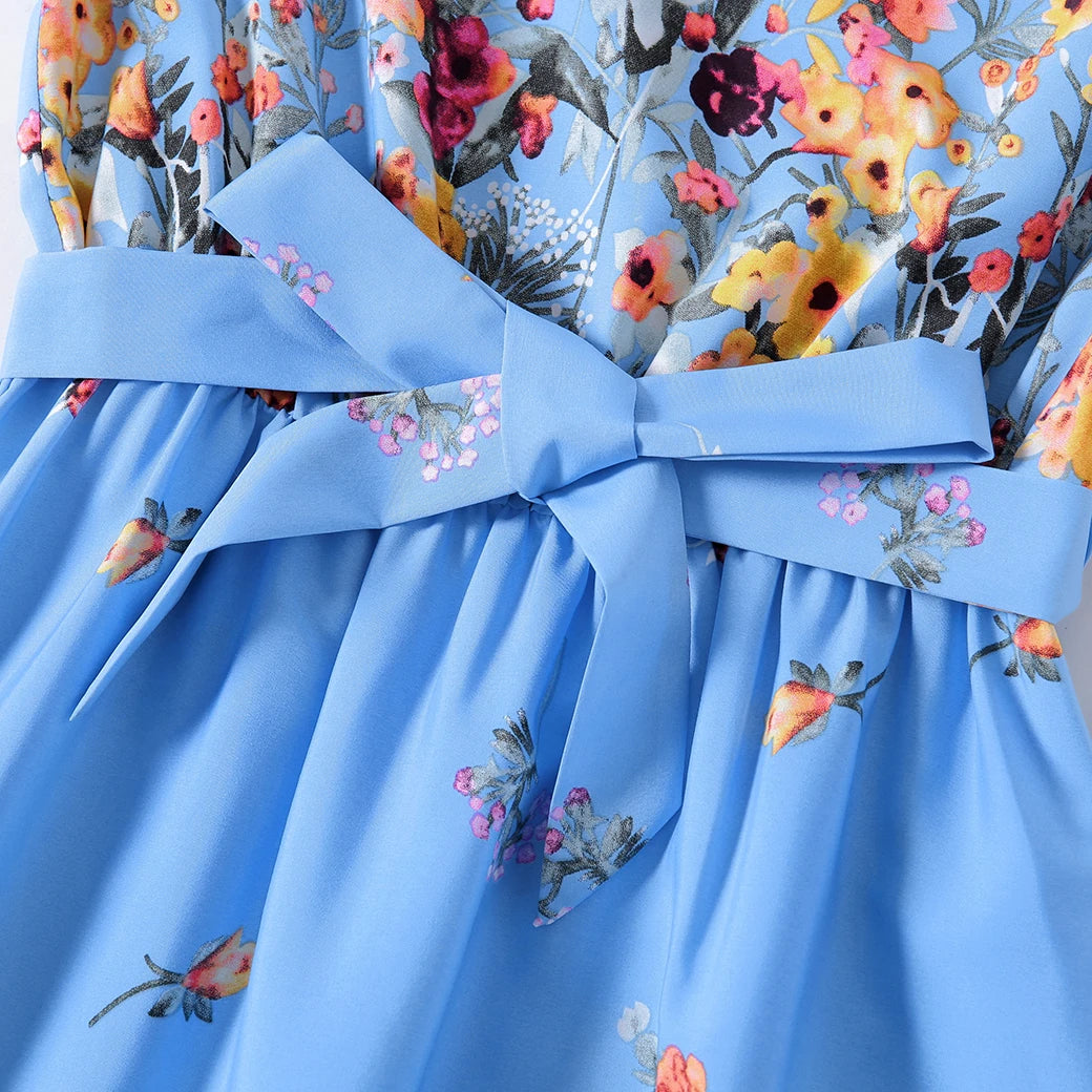 PatPat Family Matching Floral Print Ruffle-sleeve Belted Midi Dresses and Striped Short-sleeve T-shirts Sets