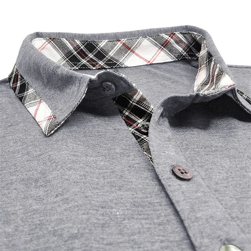 Men Short Sleeve T-Shirts Contrast Plaid Turn-Down Collar Buttons Business Casual Tops Summer Fashion Fit Shirts
