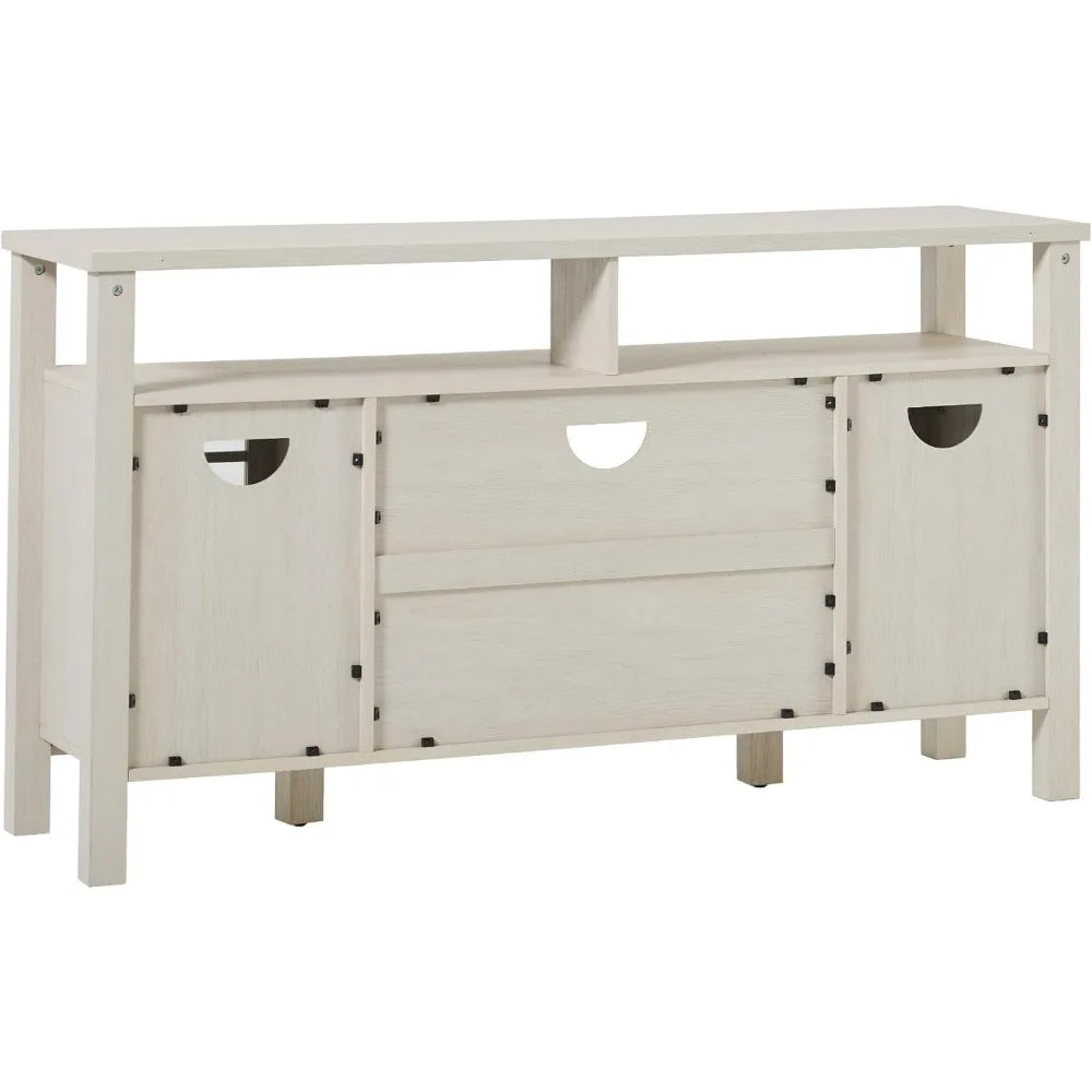 Transitional-Style Windowpane Glass Door Storage Sideboard, 58 Inch, Coastal Oak