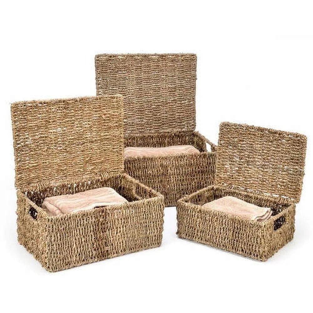 Set of 3 Seagrass Storage Baskets with Lids Decorative Wicker Bins Home Organization with Handles Perfect Storing Clutter