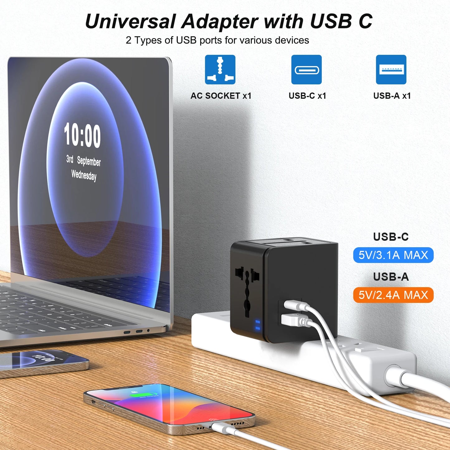 Universal Travel Adaptor AC Power Plug Adapter Wall Charger with USB-C and USB-A Charging Ports for USA EU UK AUS