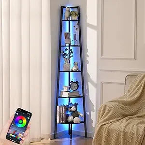 Corner Shelf, 5-Tier Corner Bookshelf with LED Light, 67.5in Corner Shelves for Bedroom, Tall Standing Shelf with Steel Frame,