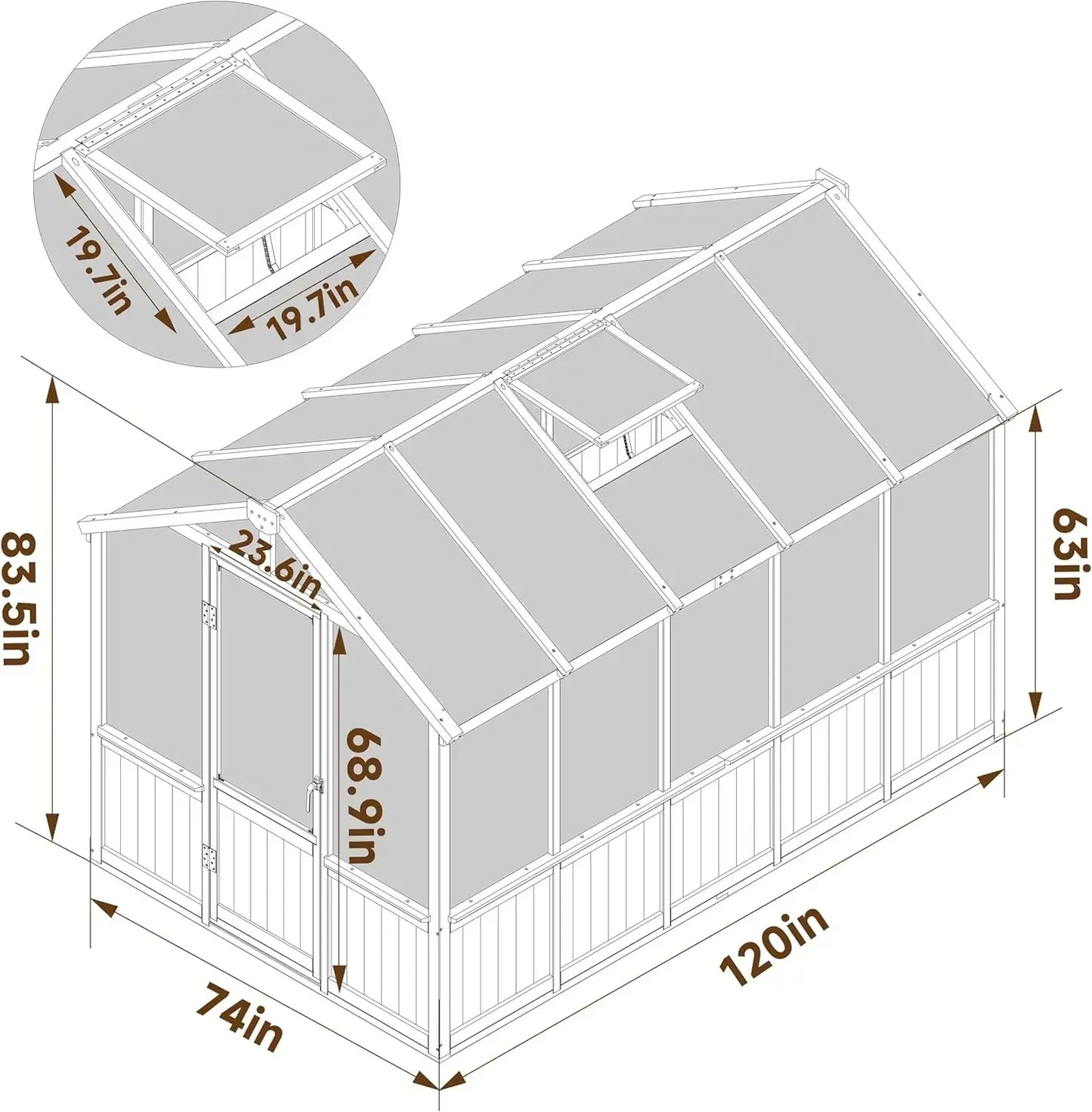 6x8 FT Greenhouse Kit,Adjustable Roof Vent 6MM Thick Polycarbonate Panel Wooden Walk-in Green House with Lockable Door