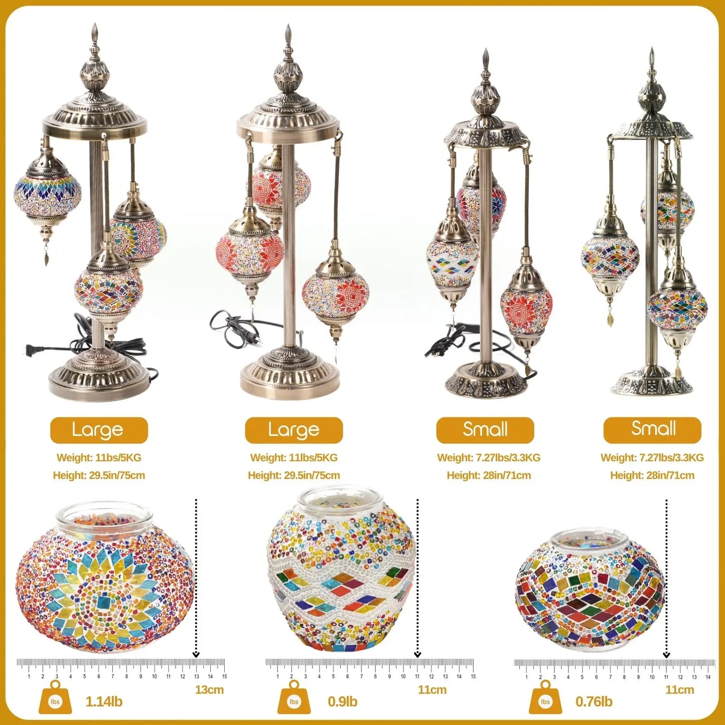Turkish Mosaic Table Lamp - 3 Globe Handmade Glass Lampshades, Metal Base Mood Lighting for Bedroom Living Room, Home Decor
