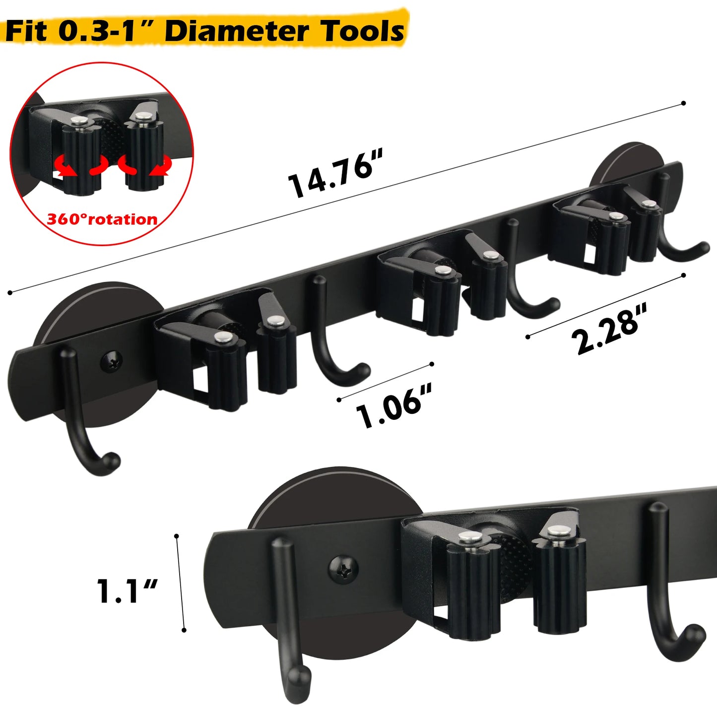 Magnetic Broom and Mop Holder Bar 3 Racks 4 Hooks for Laundry Garage Kitchen Factories Workshops Organization and Storage