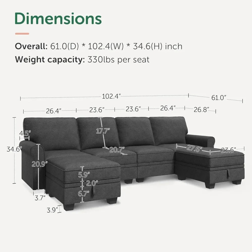 Sectional Sofa with Storage Seat U Shaped Sectional Couch with Reversible Chaise Convertible Sectional Couch for Living Room