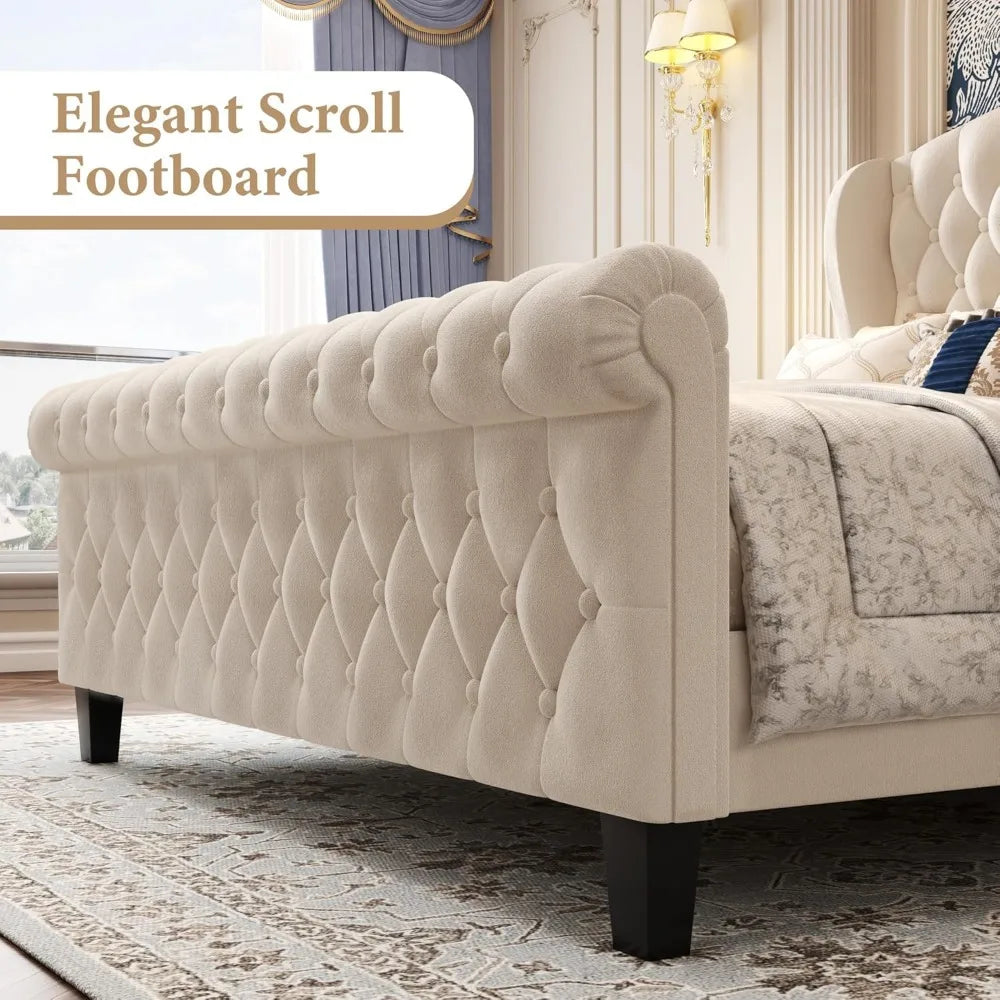 hisoft queen bed frame, 42" tall velvet upholstered sleigh bed with wingback headboard & scrolled footboard, no box spring neede