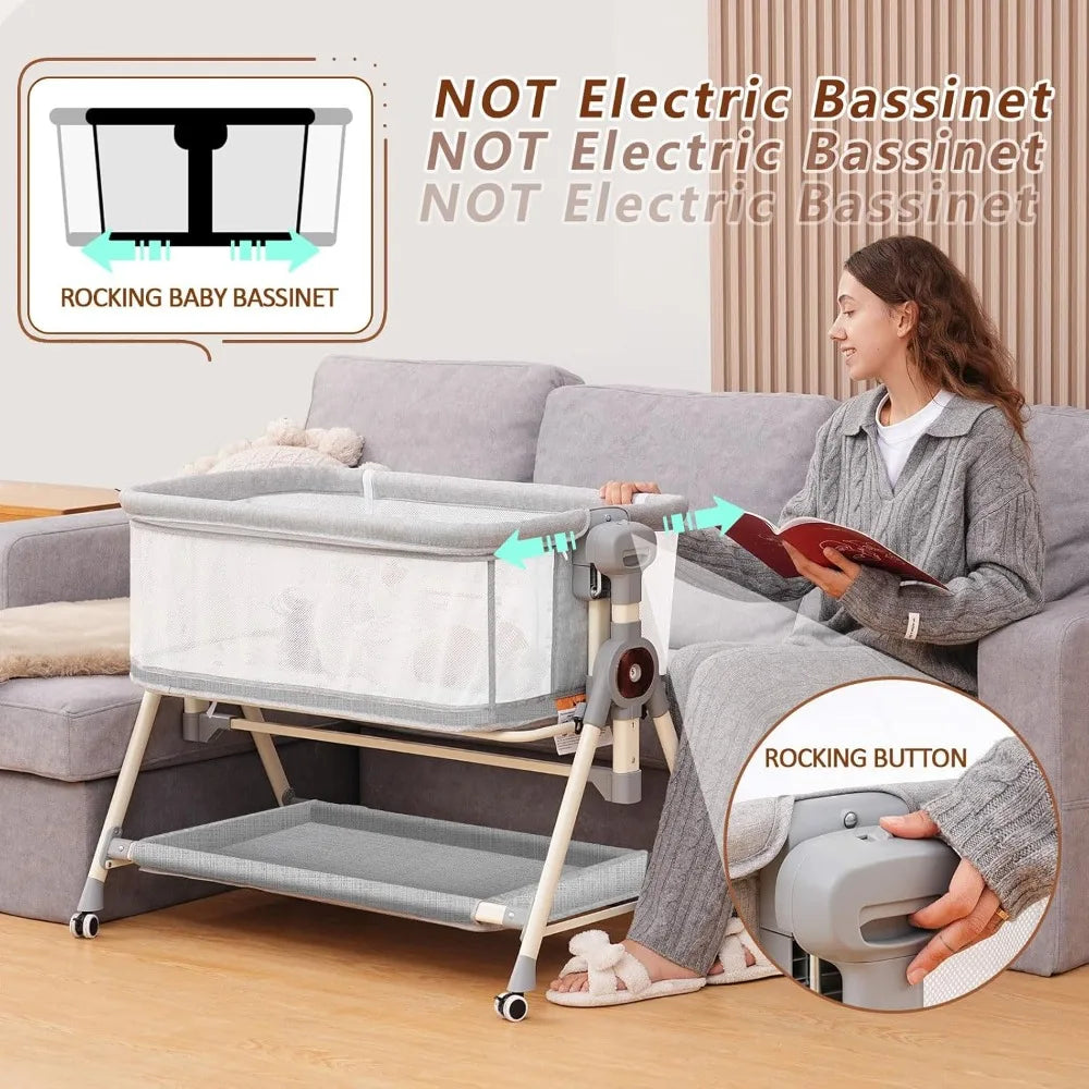 Baby Bassinet,Rocking Bassinet with Waterproof Sheet,3 in 1 Baby Bassinets Bedside Sleeper,6 Height Adjustable Bedside Bassinet