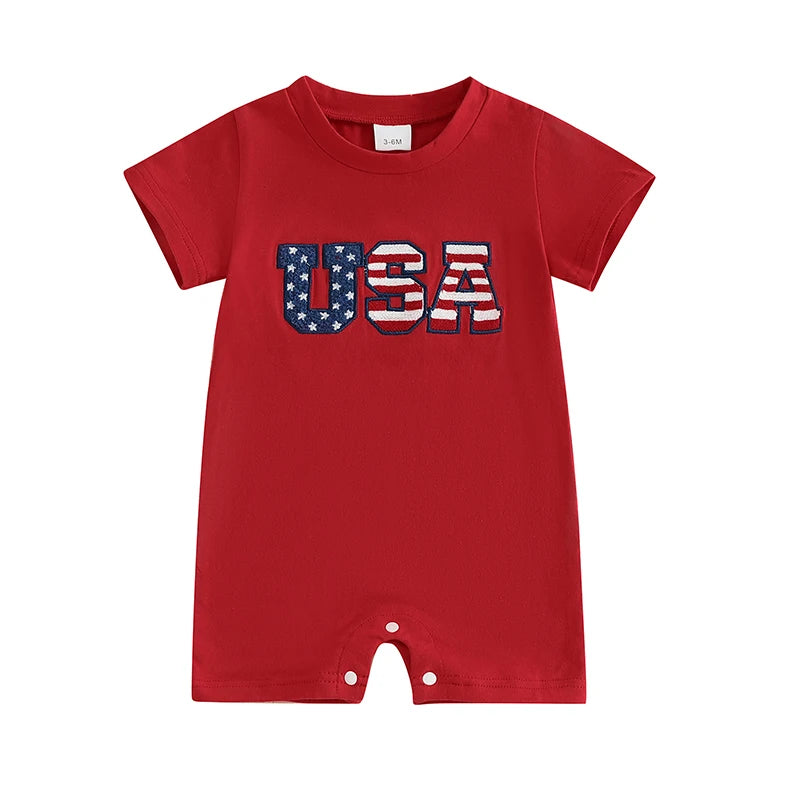Infant Independence Day Oversized Design with Embroidered Message Round Neck Short Sleeve Baby Outfit for Fourth of July