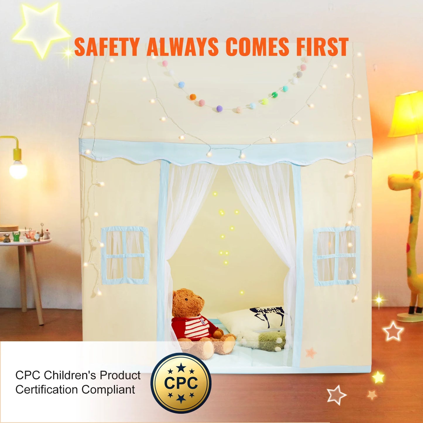 SucceBuy Kid Play Tent Kids Tent for Kids 1-5Year Old Toddler Tent with Mat and Tent Lamp Tent for Kids with Windows Castle Tent