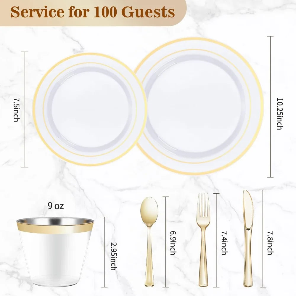 NEW Gold 600PCS Dinnerware Set for 100 Guests,Plastic Plates,100 Gold Disposable Plates,Dessert Plates,Cups,Spoons, Forks&Knives