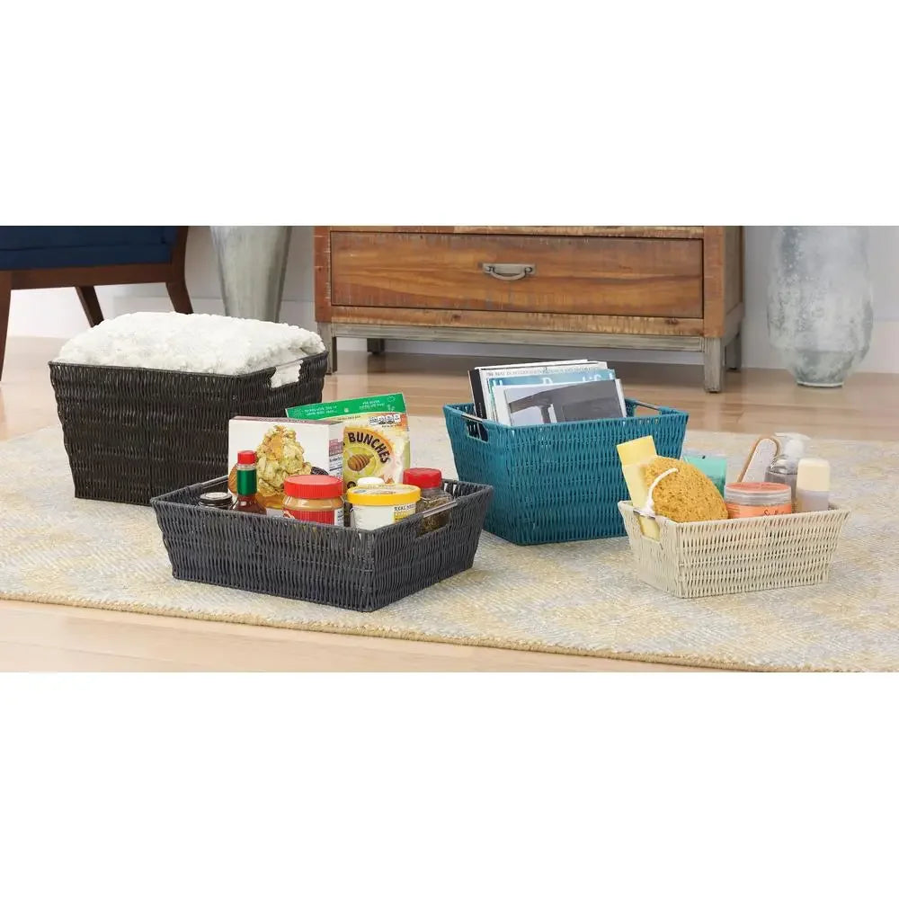 Storage Tote Basket Set of 2 Portable Rattique Woven Plastic Organizer Metal Handles Bath Beauty Toys Compatible