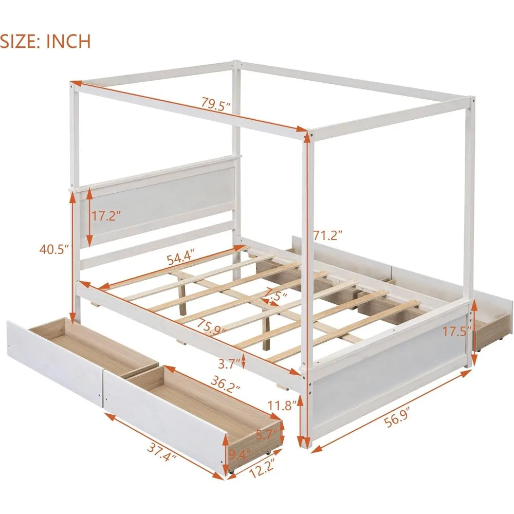 Full Canopy Bed with 4 Drawers, Four-Poster Platform Bed with Headboard and Wood Support Slats, Full Bed Frame Wood Poster Panel
