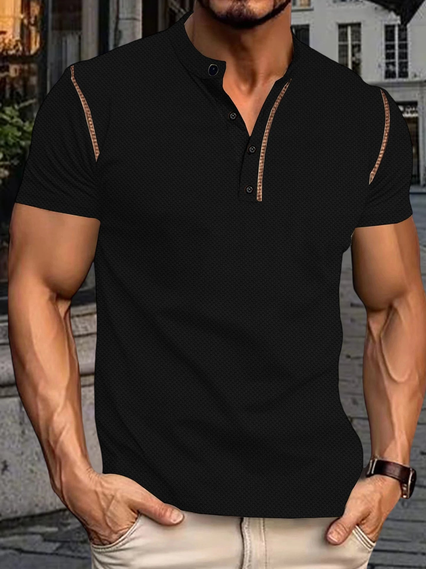 Men s Fit Henley Short Sleeve T-Shirt with Contrast Stitching Casual Summer Top for Streetwear Style